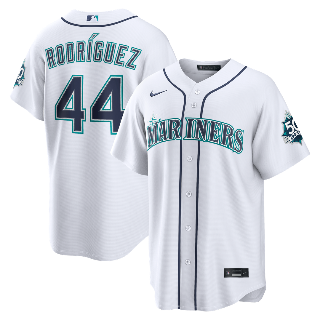 Men's Seattle Mariners Julio Rodríguez White Home Stadium 50th Season Patch Jersey