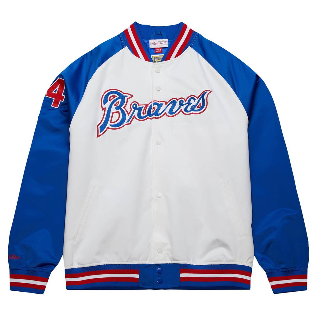 Men's Atlanta Braves Hank Aaron White/Royal Legends Lightweight Satin Raglan Full-Snap Jacket