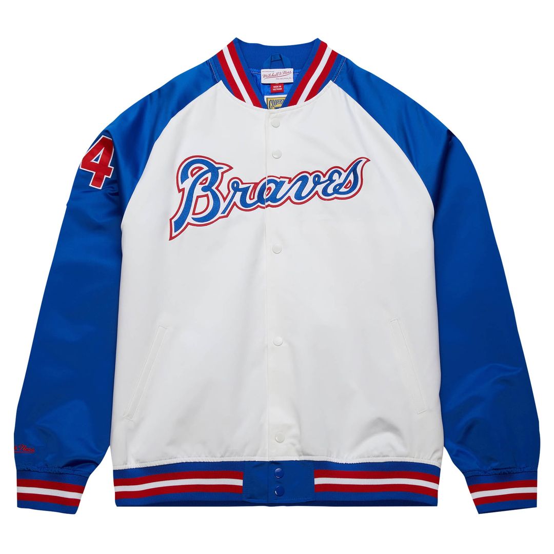 Men's Atlanta Braves Hank Aaron White/Royal Legends Lightweight Satin Raglan Full-Snap Jacket
