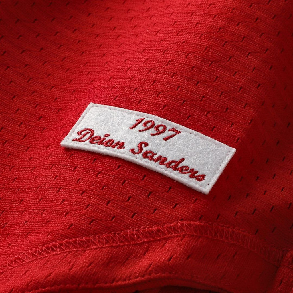 Men's Cincinnati Reds Deion Sanders Red Mesh Batting Practice Button-Up Jersey