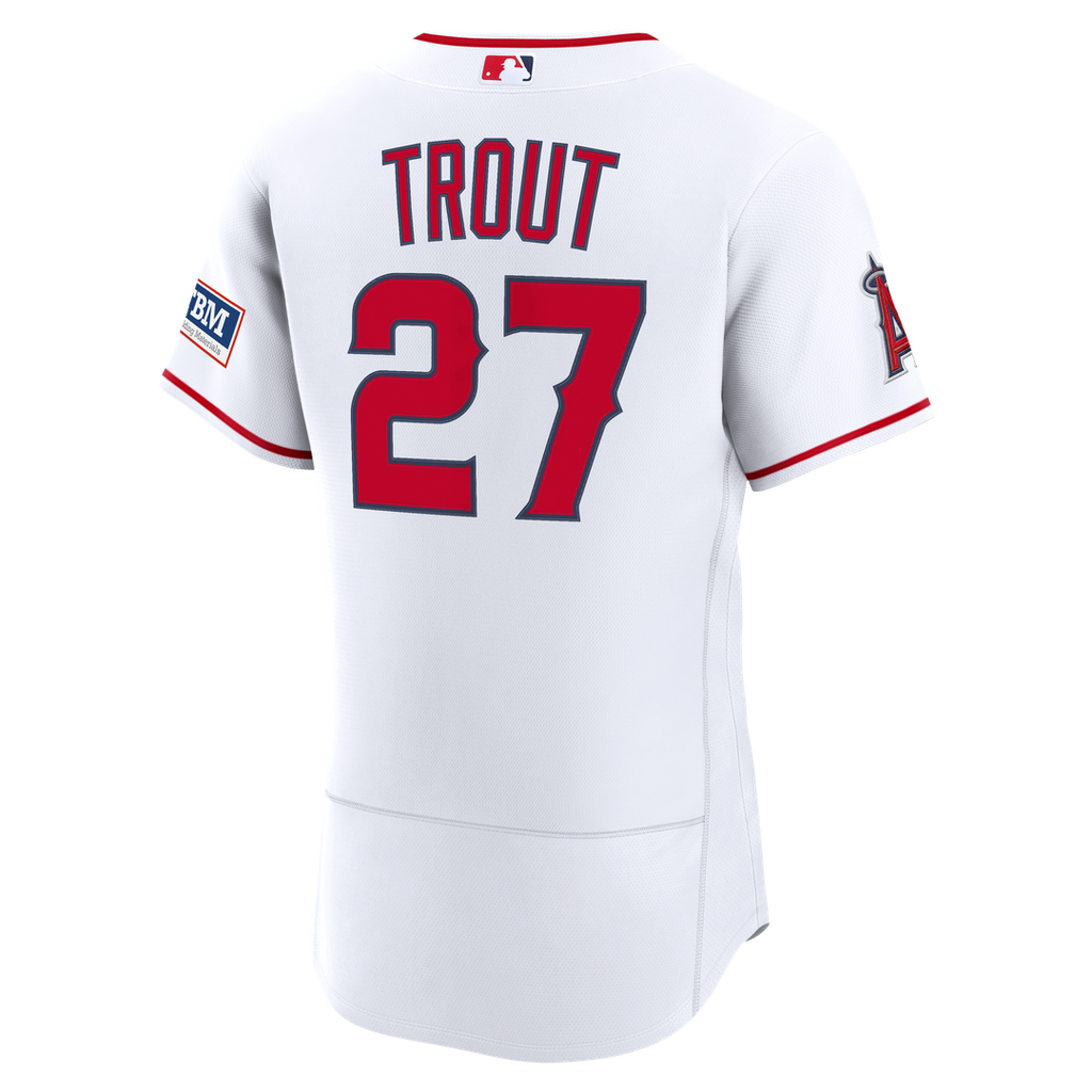 Men's Los Angeles Angels Mike Trout White Home Sponsor Patch Jersey