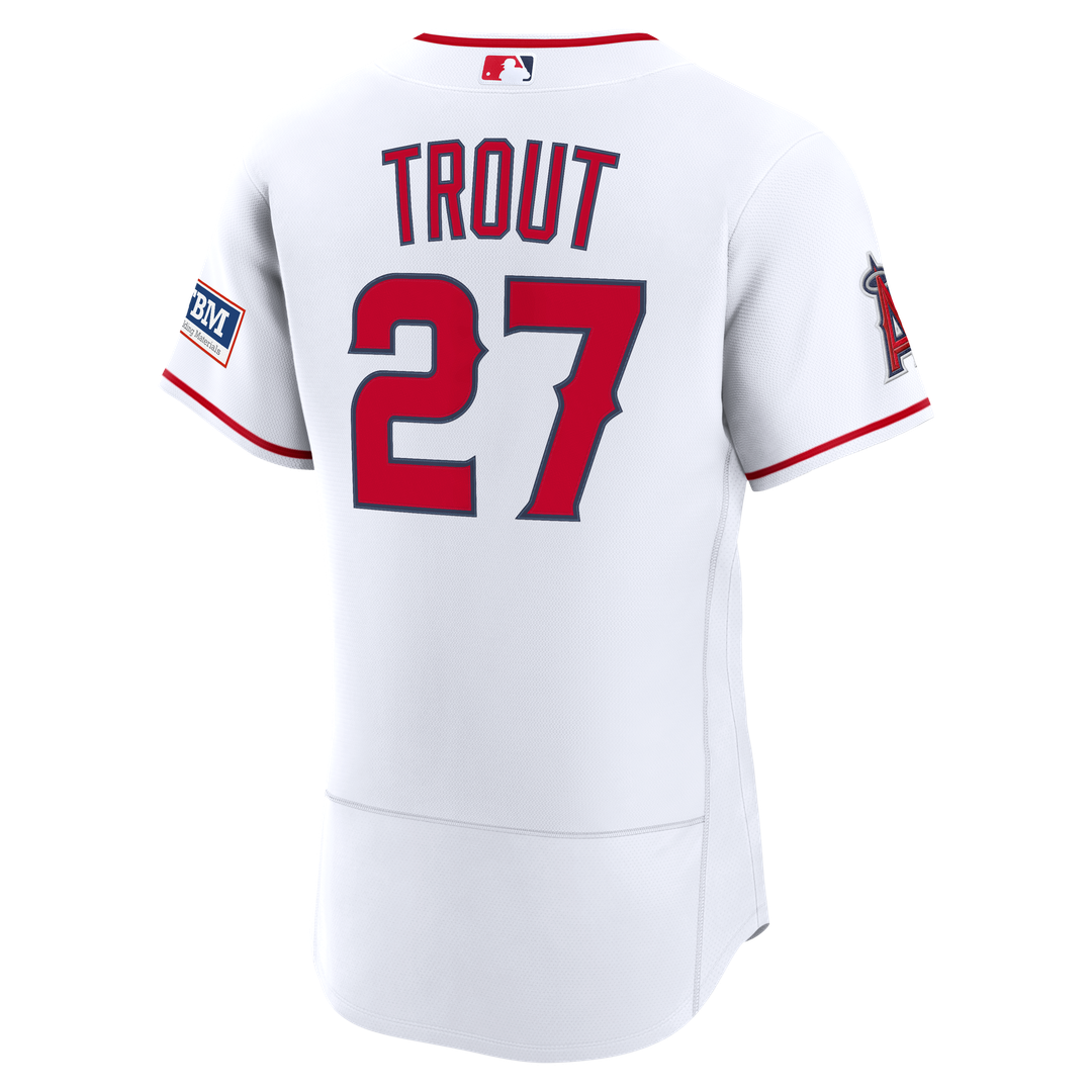 Men's Los Angeles Angels Mike Trout White Home Sponsor Patch Jersey