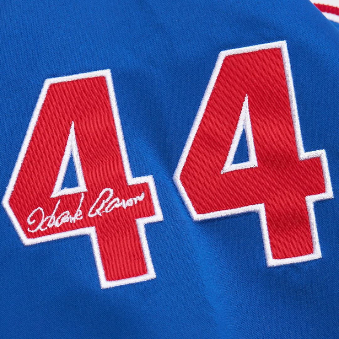 Men's Atlanta Braves Hank Aaron White/Royal Legends Lightweight Satin Raglan Full-Snap Jacket