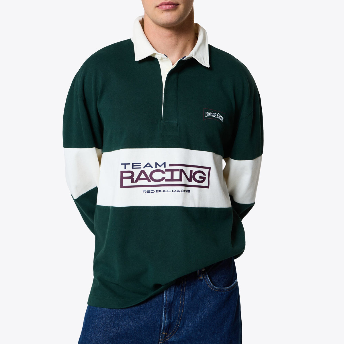 Oracle Red Bull Racing Pepe Jeans Square Team Long Sleeve Stripe Polo - Green & White